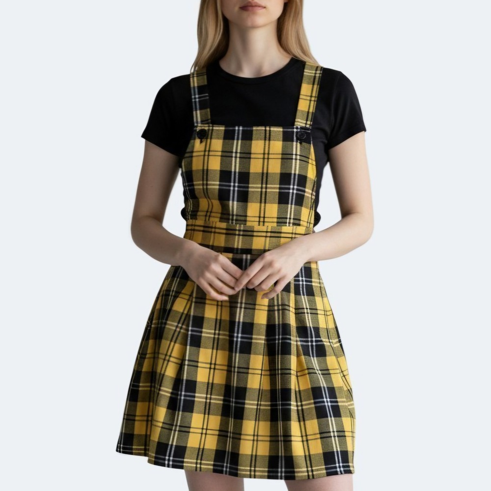 Rue21 Yellow Black Plaid Pinafore Dress Pleated Jumper Clueless Style Size Small